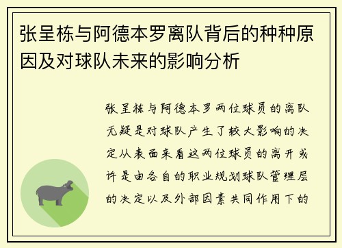 张呈栋与阿德本罗离队背后的种种原因及对球队未来的影响分析