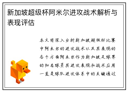 新加坡超级杯阿米尔进攻战术解析与表现评估