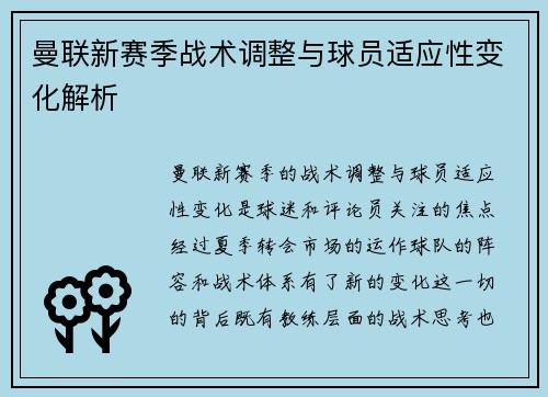 曼联新赛季战术调整与球员适应性变化解析